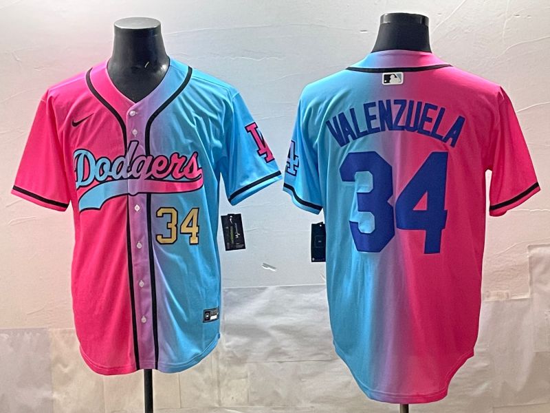 Men 2025 Los Angeles Dodgers #34 Valenzuela Blue pink Game Nike MLB Jersey style 05->los angeles dodgers->MLB Jersey